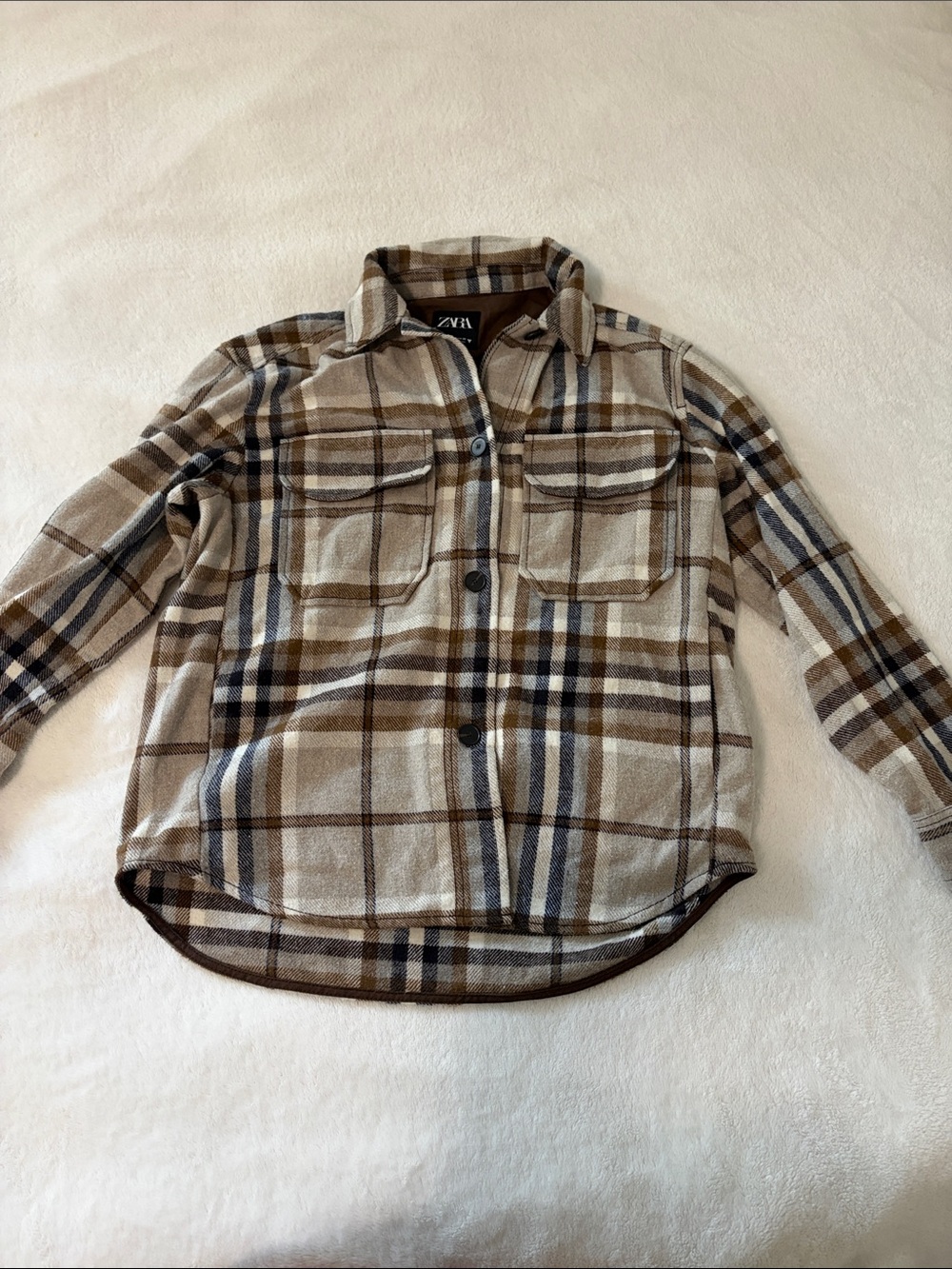 ZARA Neutral Plaid Shirt Jacket with Navy Stripes